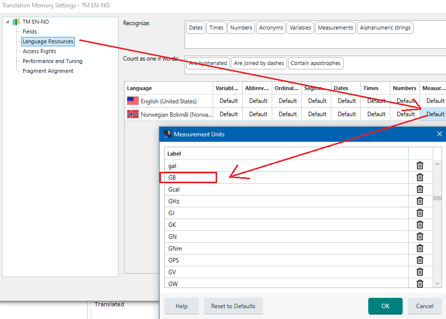 Trados Studio Translation Memory Settings for English to Norwegian showing Measurement Units. 'GB' is highlighted indicating it is present in the list.