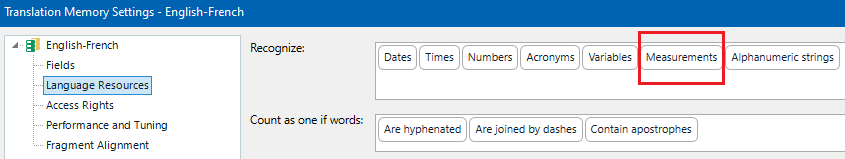 Trados Studio Translation Memory Settings window showing English-French language pair with a focus on the 'Recognize' section where 'Measurements' is highlighted indicating it is selected.
