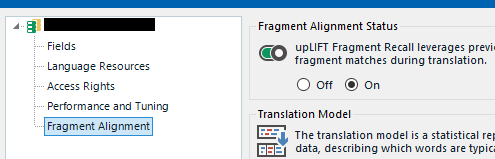 Screenshot of Trados Studio showing Fragment Alignment Status with upLIFT Fragment Recall option turned on and Translation Model section visible.