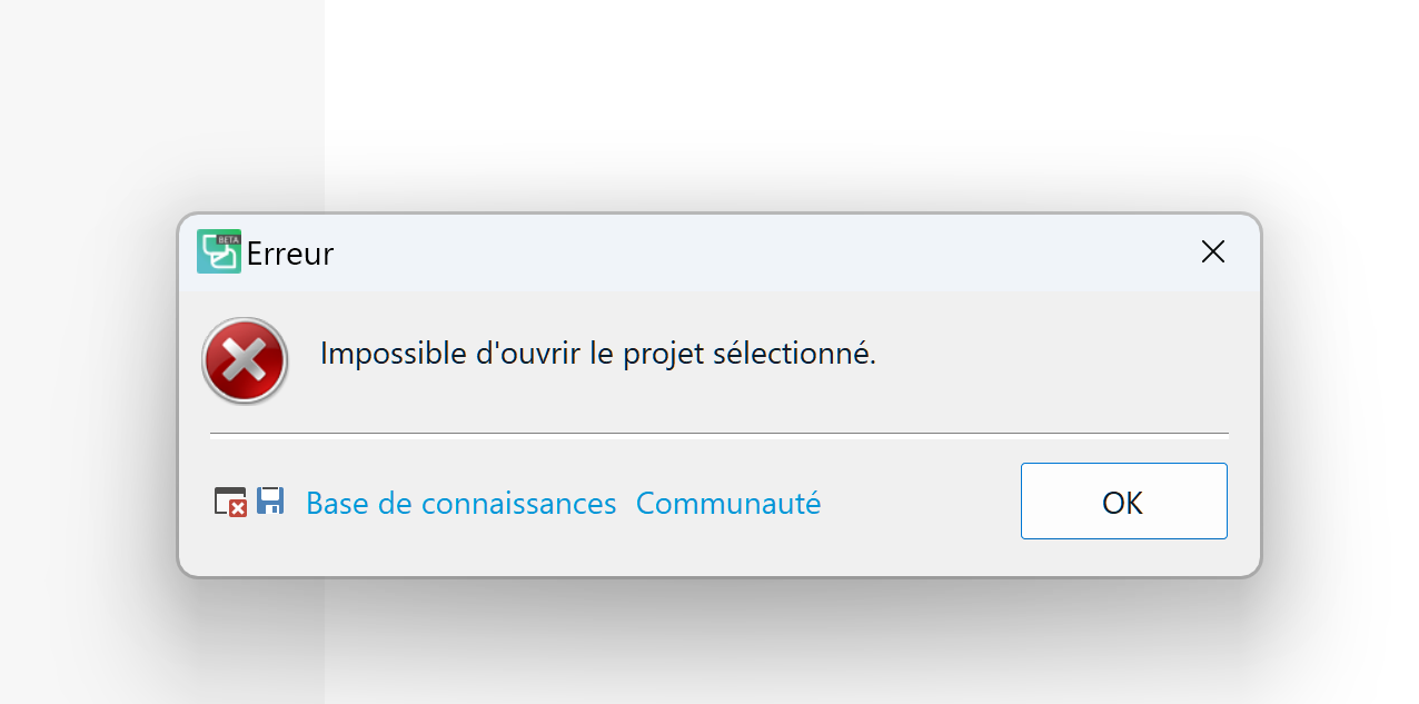 Error dialog box in Trados Studio with a red cross icon, stating 'Impossible d'ouvrir le projet selectionne' which translates to 'Unable to open the selected project'. Buttons for 'Knowledge Base' and 'Community' are visible, along with an 'OK' button.