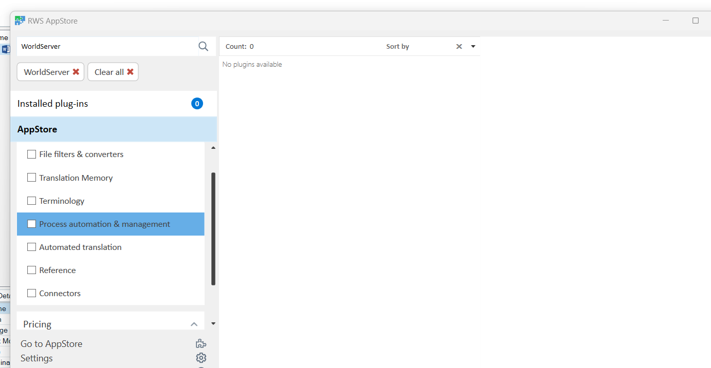 Screenshot of RWS AppStore with a search field containing 'WorldServer'. A message below reads 'No plugins available' and the 'Installed plug-ins' count is 0.