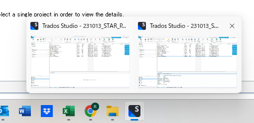 Two instances of Trados Studio 2022 open on a taskbar, both showing identical project lists but no files open in the Editor view.