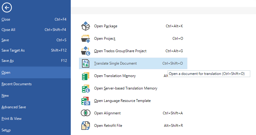 Trados Studio menu with 'Translate Single Document' option highlighted, indicating the alternative method to open an xliff file.