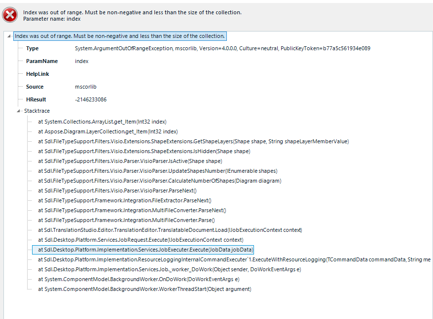 Error message in Trados Studio indicating 'Index was out of range. Must be non-negative and less than the size of the collection.' with a stack trace of system methods listed below.