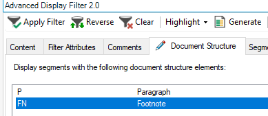 Screenshot of Trados Studio's Advanced Display Filter with the 'Document Structure' tab open, showing 'Footnote' selected and the 'Apply Filter' button highlighted.