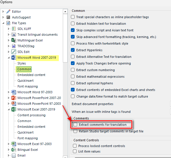 Trados Studio project settings window with 'Extract comments for translation' option highlighted and checked under the 'Common' section.