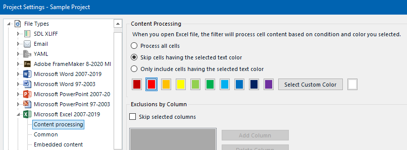 Trados Studio project settings showing the Content Processing section with options to skip or include cells based on text color.