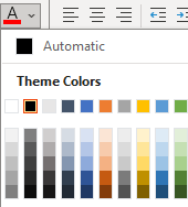 Excel color selection dropdown with 'Automatic' and theme colors, highlighting the option to reset text color to default.