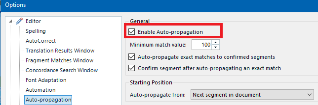 Trados Studio options menu showing the 'Enable Auto-propagation' checkbox ticked under the 'Auto-propagation' section.