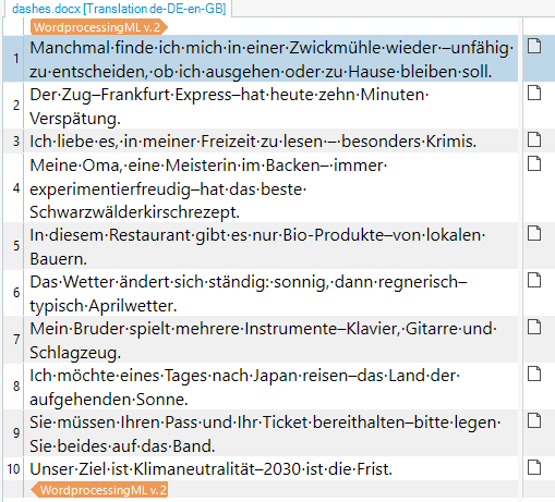 Screenshot of Trados Studio showing a Word document with incorrect dashes. Text includes various sentences in German with dashes replaced by longer conversion dashes.