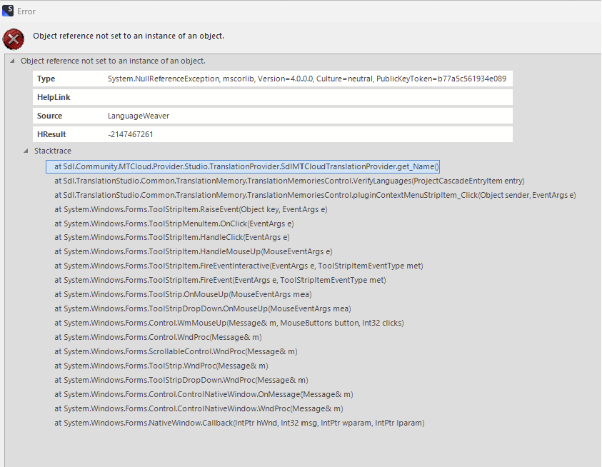 Error dialog box in Trados Studio 2022 showing 'Object reference not set to an instance of an object.' with details of the error source from Language Weaver and a stack trace of system functions.