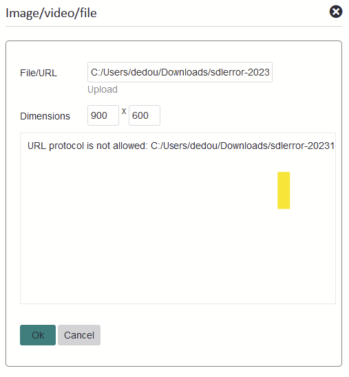 Error message in Trados Studio dialog box stating 'URL protocol is not allowed: C:UsersdedouDownloadssdlerror-20231' with an 'Ok' and 'Cancel' button below.