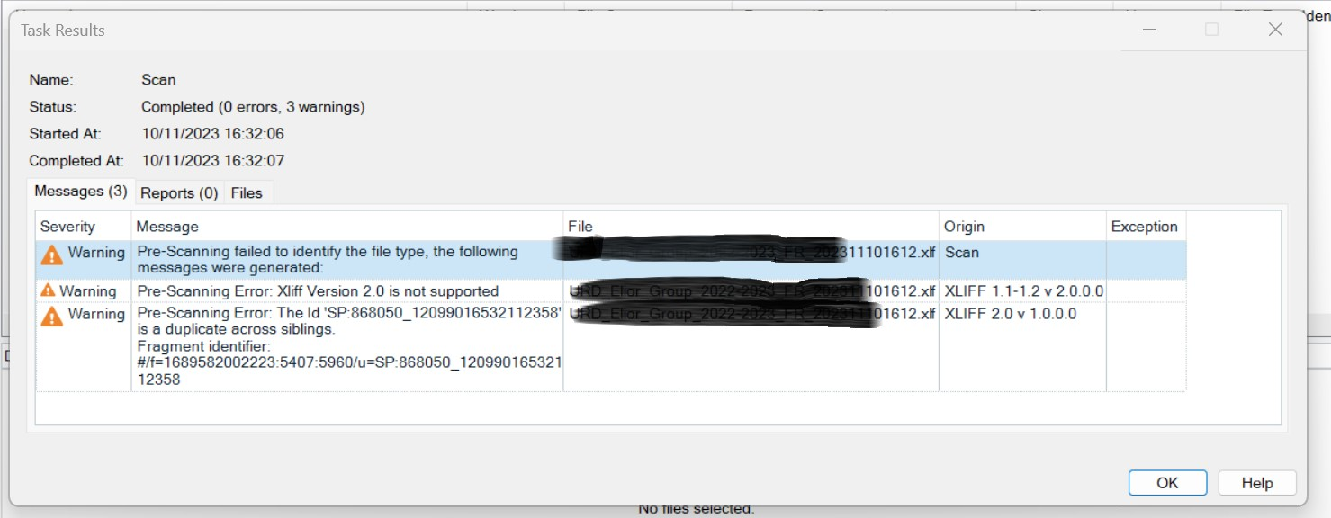 Trados Studio Task Results window showing 3 warnings. First, pre-scanning failed to identify file type. Second, Xliff Version 2.0 is not supported. Third, pre-scanning error due to duplicate identifier siblings.