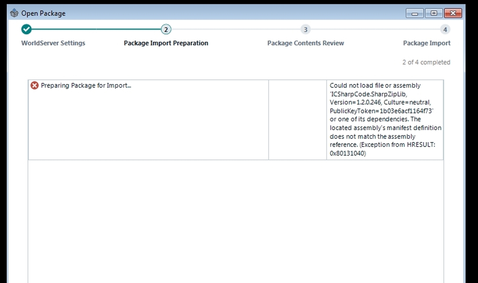 Error message in Trados Studio 2022 while preparing package for import, stating 'Could not load file or assembly CSharpCode.SharpZipLib, or one of its dependencies.'
