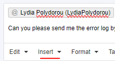 Screenshot of a message from Lydia Polydorou asking to send the error log by clicking the save icon and attaching the xml using the insert option.