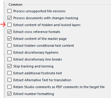 Trados Studio settings with 'Extract content of hidden and locked layers' option checked and highlighted with a red arrow.