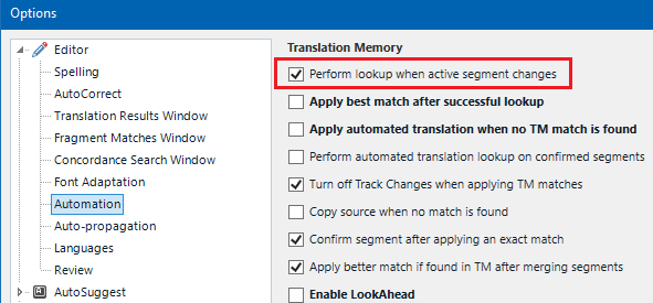 Options menu in Trados Studio with Editor settings open, showing Translation Memory options and 'Perform lookup when active segment changes' checkbox ticked.