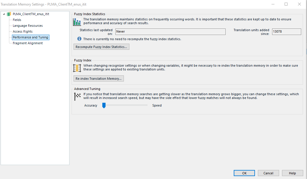 Trados Studio Translation Memory Settings window showing options for Fuzzy Index Statistics, Fuzzy Index, and Advanced Tuning. Statistics last updated: Never. No errors or warnings visible.