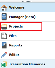 Trados Studio interface highlighting the 'Projects' tab on the left-hand side navigation menu.