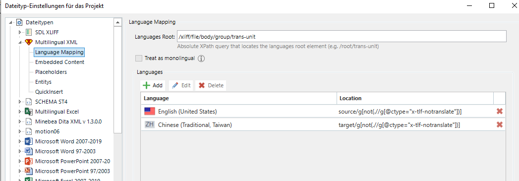 Trados Studio project settings window showing 'Datentyp-Einstellungen fur das Projekt' with 'Multilingual XML' and 'Language Mapping' selected. English and Chinese languages are listed with specific file locations and an error icon next to the Chinese language.
