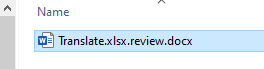 Screenshot showing a file named 'Translate.xlsx.review.docx' selected in Trados Studio.