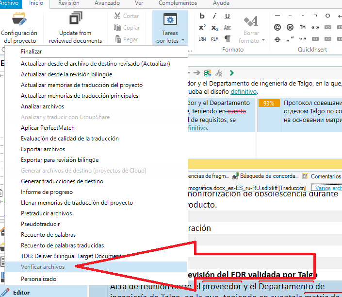 Trados Studio interface showing the 'Batch Tasks' menu with options such as 'Analyze Files' and 'Generate Target Translations'. A document is open with a progress bar at 93% and a warning message about 'ODSO Fields' in the bottom right corner.