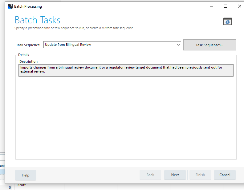Trados Studio Batch Processing window showing task sequence 'Update from Bilingual Review' with no visible errors.
