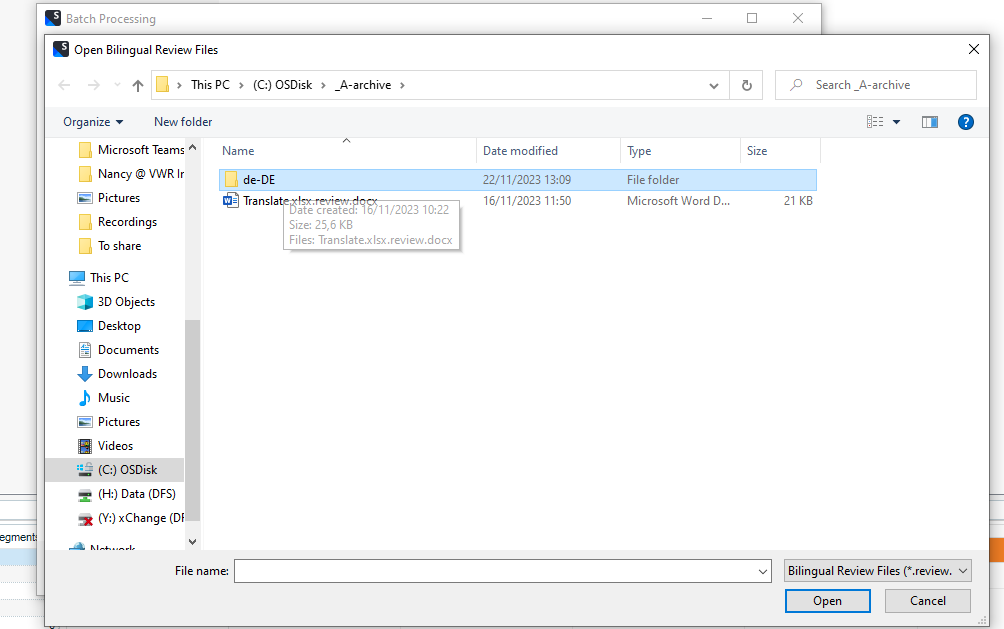 Open Bilingual Review Files dialog with a selected file 'Translate.xlsx.review.docx' in the de-DE folder.