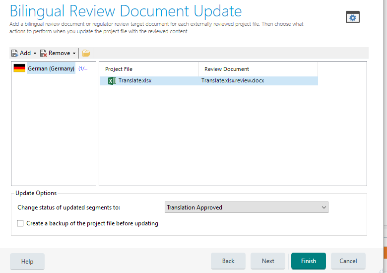 Bilingual Review Document Update window in Trados Studio with 'Translate.xlsx' as the project file and 'Translate.xlsx.review.docx' as the review document.