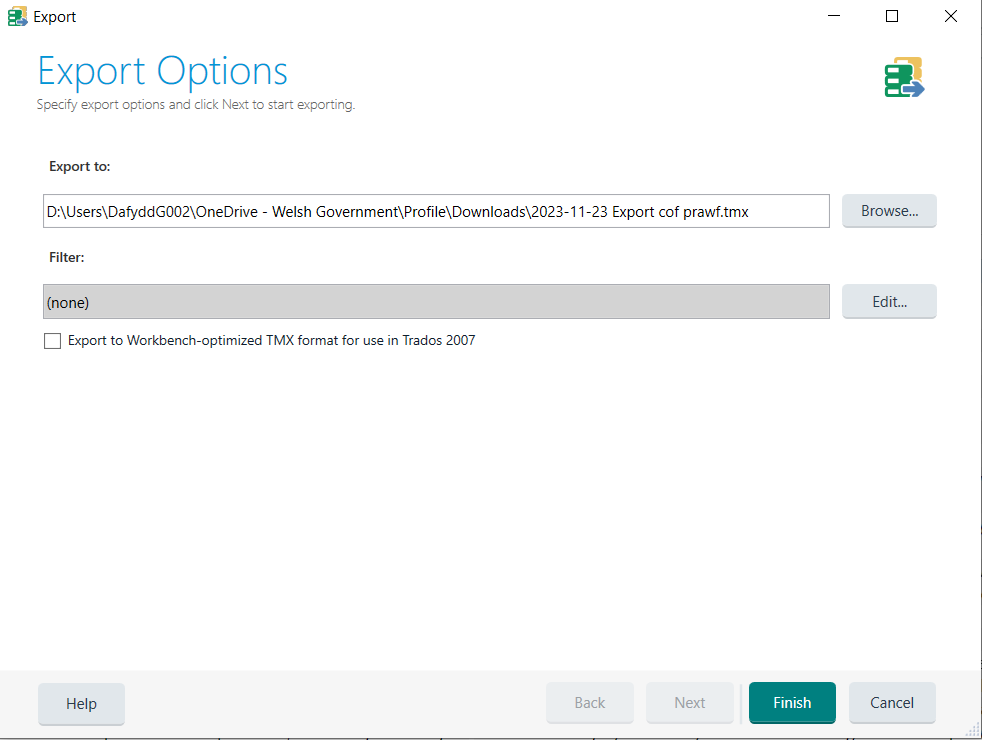 Trados Studio Export Options dialog box showing the destination path for export and a filter option set to none. The 'Export system fields' option is not visible.