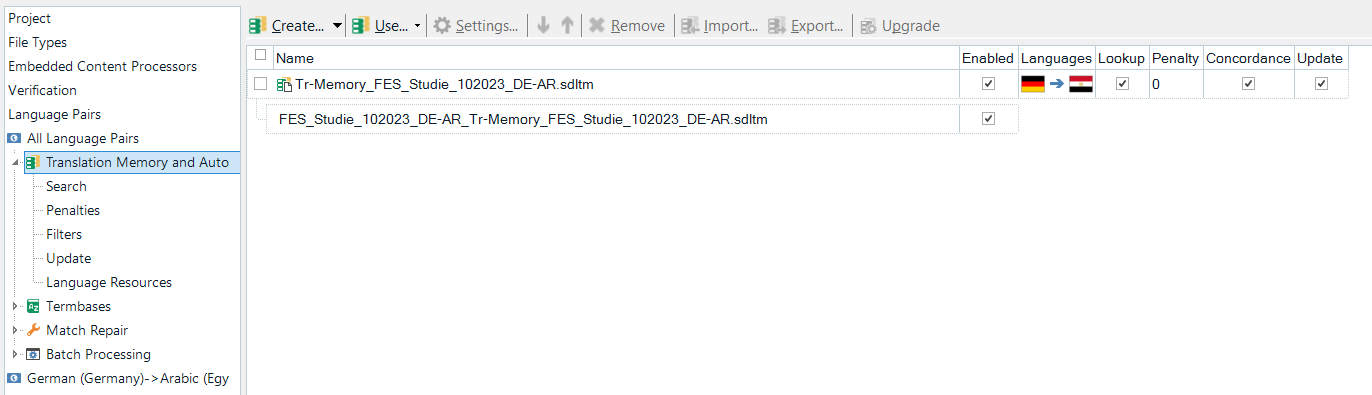 Screenshot of Trados Studio 2021 showing the Translation Memory and AutoSuggest section with a selected TM but no 'Sort results by' dropdown visible.