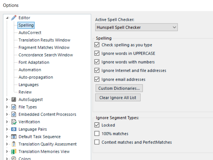Trados Studio Options menu with Spelling selected, showing Active Spell Checker as Hunspell Spell Checker and options like Check spelling as you type checked.