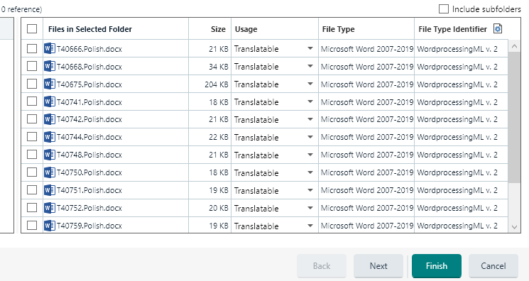 Screenshot of Trados Studio showing a list of files in the 'Files in Selected Folder' section with a 'select all' checkbox at the top, all files are marked as 'Translatable' and are of 'Microsoft Word 2007-2019' file type.