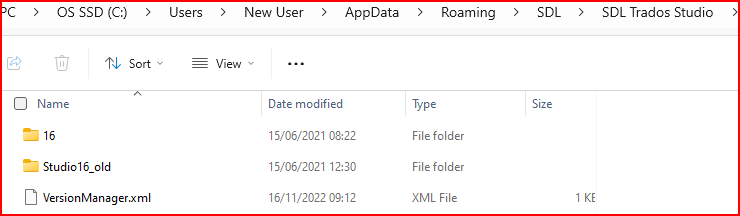File explorer window showing folders and a file named 'VersionManager.xml' inside the SDL Trados Studio directory.