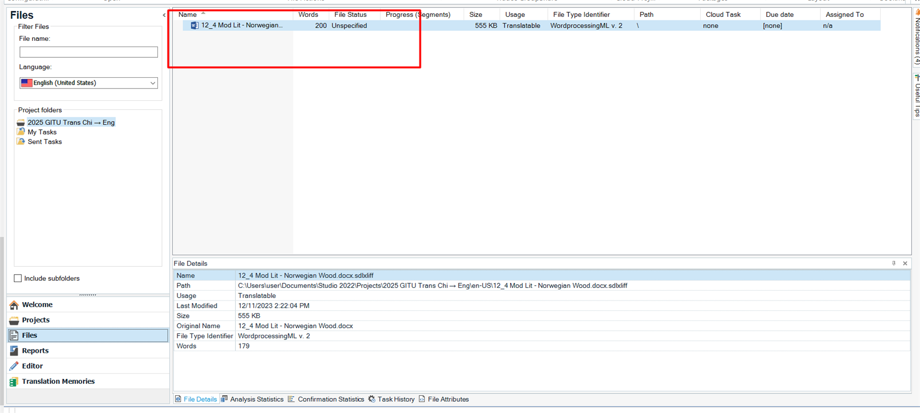 Trados Studio interface showing a selected file named '12_4 Mod Lit - Norwegian Wood.docx.sdlxliff' with file status 'Unspecified' and progress '200 segments'.