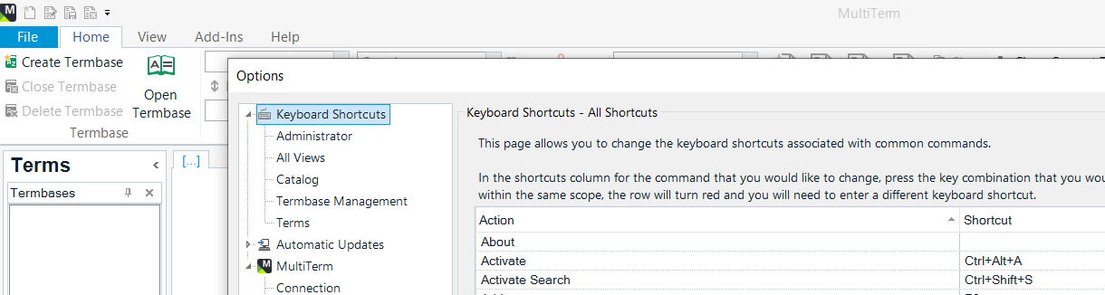 Screenshot of Trados MultiTerm Options window showing Keyboard Shortcuts section with a list including Activate Search with shortcut Ctrl+Shift+S.