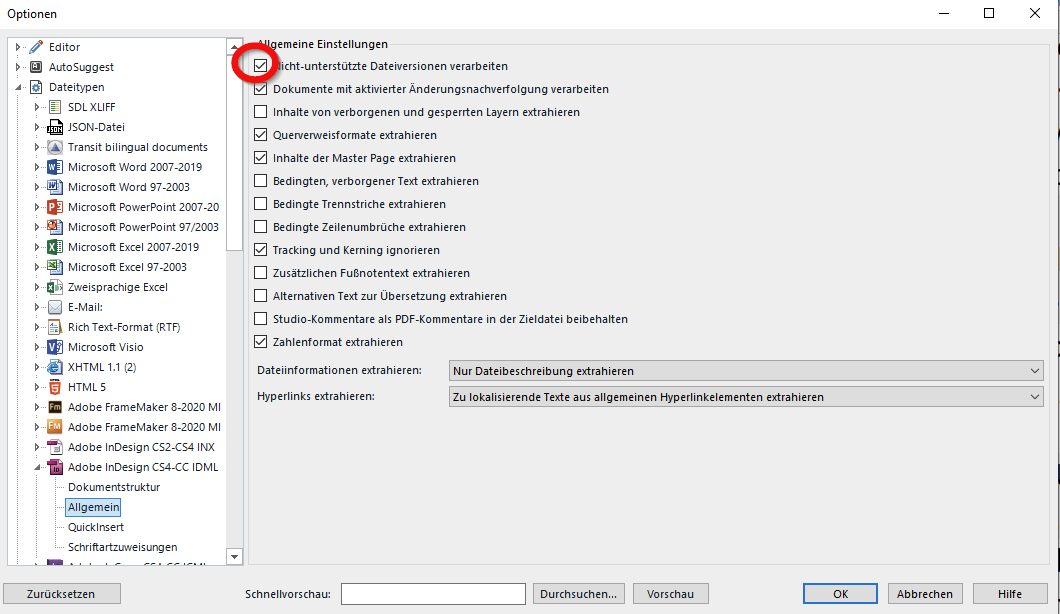 Trados Studio Options window with File Types selected, showing Adobe InDesign CS4-CC IDML settings. A red circle highlights the unchecked option 'Process unsupported file versions'.
