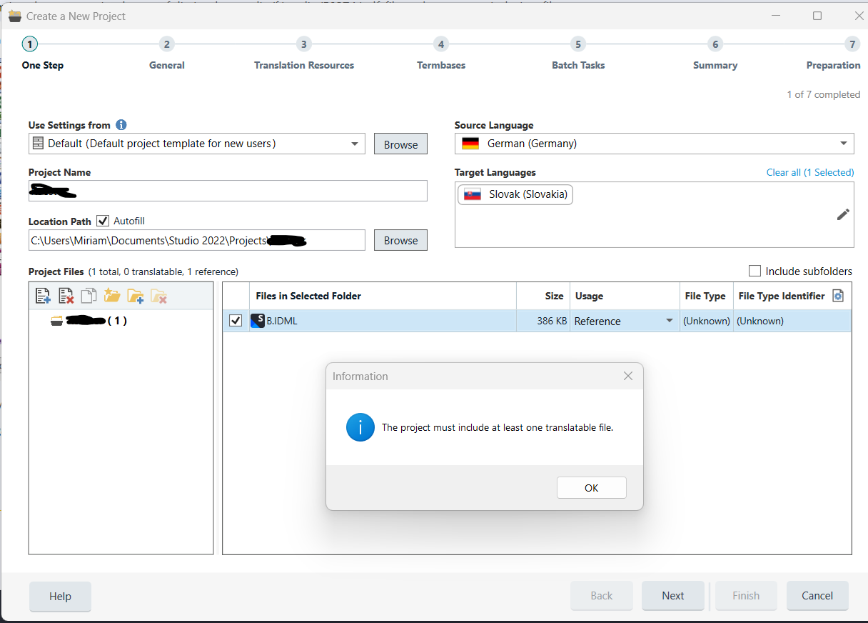 Trados Studio error message stating 'The project must include at least one translatable file.' with an 'OK' button, indicating the added file was not recognized as translatable.