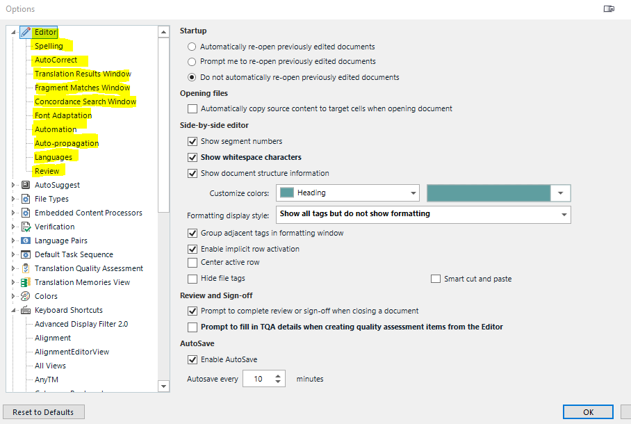 Trados Studio Options dialog box showing Editor settings with options for Startup, Opening files, Side-by-side editor, Review and Sign-off, and AutoSave.