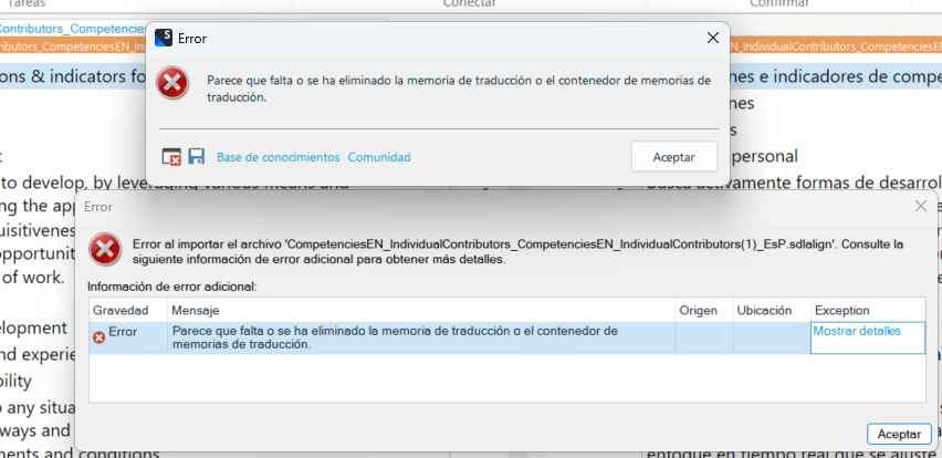 Trados Studio error message in Spanish indicating missing translation memory or container.