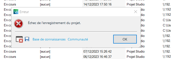 Trados Studio error dialog box with message 'Project save failed' and an 'OK' button.