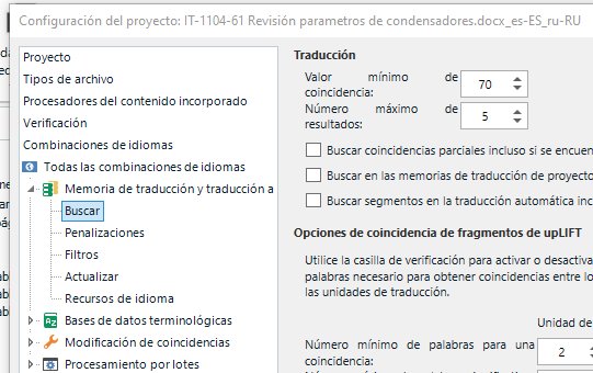 Trados Studio Project Configuration window showing Language combinations section with Translation Memory and Search options. Minimum match value set to 70%.