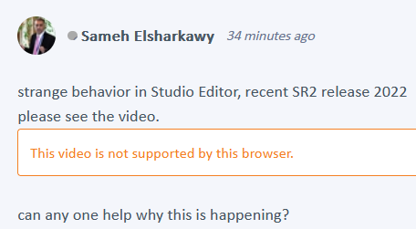 Screenshot of a user forum post by Sameh Elsharkawy reporting strange behavior in Trados Studio Editor, recent SR2 release 2022, with a request to view a video. An error message is displayed saying 'This video is not supported by this browser.'