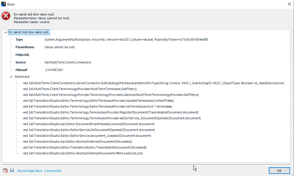 Error dialog box in Trados Studio displaying 'Value cannot be null. Parameter name: cookie' with a System.ArgumentNullException and stack trace details.