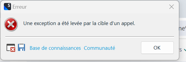 Error dialog box in SDL Trados Studio with a red cross symbol, displaying the message 'An exception was thrown by the target of an invocation.' with options for Knowledge Base and Community, and an OK button.