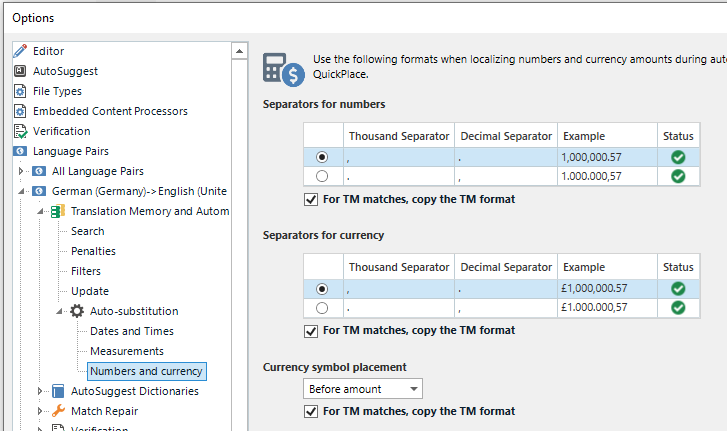 Trados Studio Auto-substitution settings for Numbers and Currency showing options for thousand and decimal separators, examples, and a checked box for 'For TM matches, copy the TM format'.