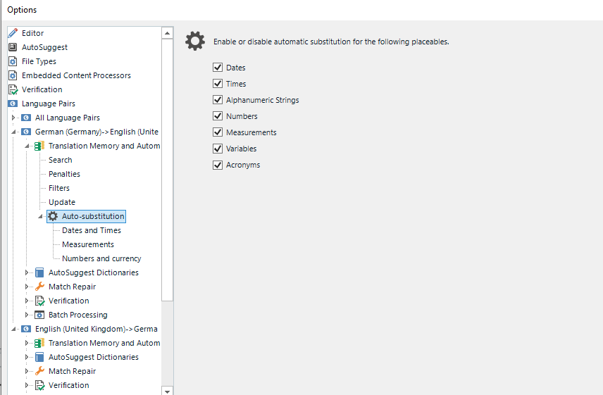 Trados Studio Options menu showing Auto-substitution settings for all language pairs with checkboxes for Dates, Times, Alphanumeric Strings, Numbers, Measurements, Variables, and Acronyms.