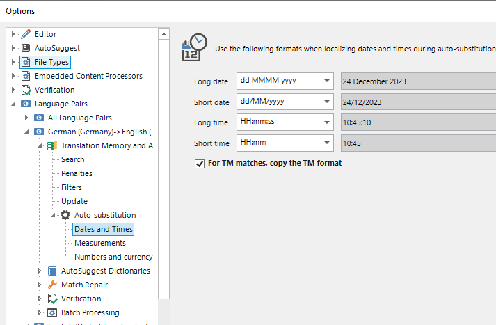Trados Studio Auto-substitution settings for Dates and Times with format options for long date, short date, long time, short time, and a checked box for 'For TM matches, copy the TM format'.