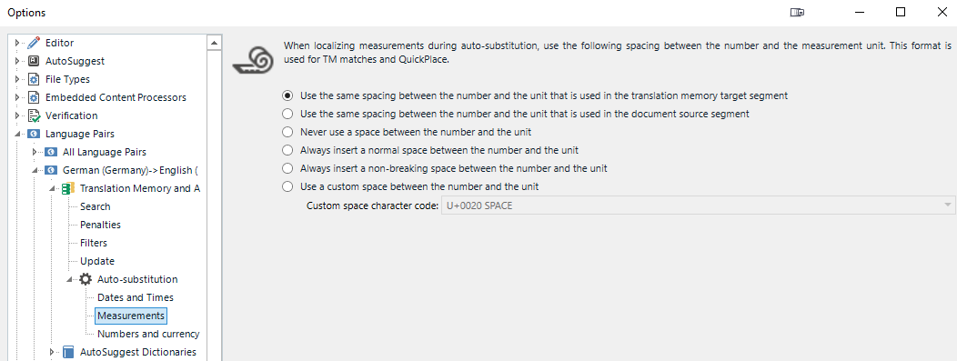 Trados Studio Auto-substitution settings for Measurements with options for spacing between number and unit, including the same as TM, never use a space, always insert a normal space, non-breaking space, or custom space.