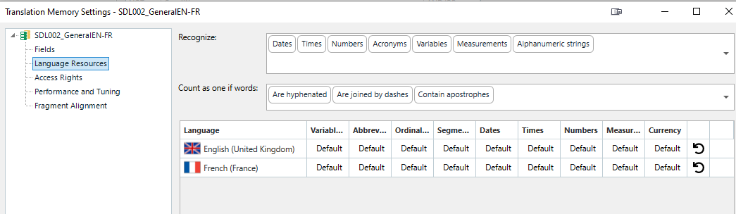 Trados Studio Translation Memory Settings showing recognition options for Dates, Times, Numbers, Acronyms, Variables, Measurements, Alphanumeric strings, and language-specific settings for English (UK) and French (France).